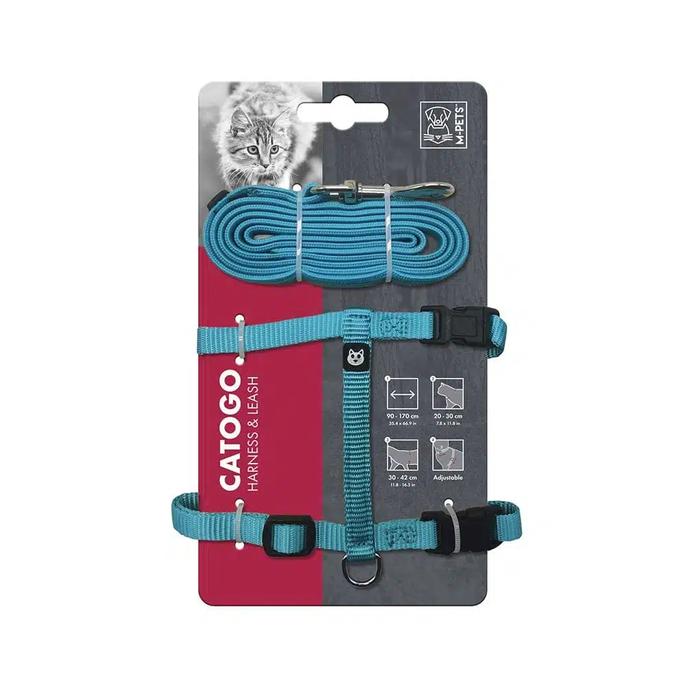 רתמה ורצועה כחולה לחתול