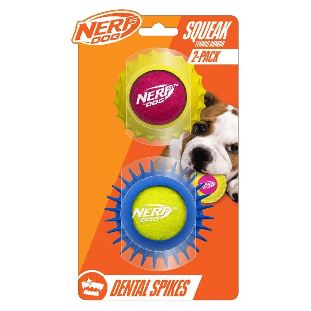 צעצוע לכלב מארז 2 כדורי טניס מצפצפים מכוסים גומי Nerf Dog