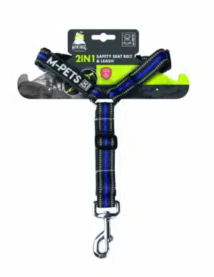 רצועה+חגורת בטיחות לכלב לראש מושב הרכב M-PETS כחול פסים עם אריזה