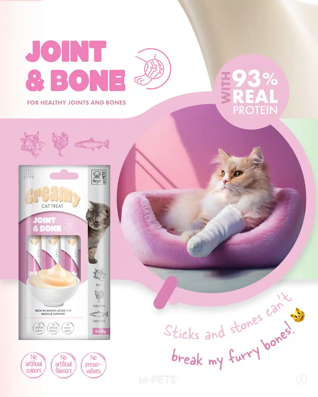 שלוק קרמי לחתול מפרקים M-PETS בטעם בקר עוף וסלמון 60 גרם ברושור