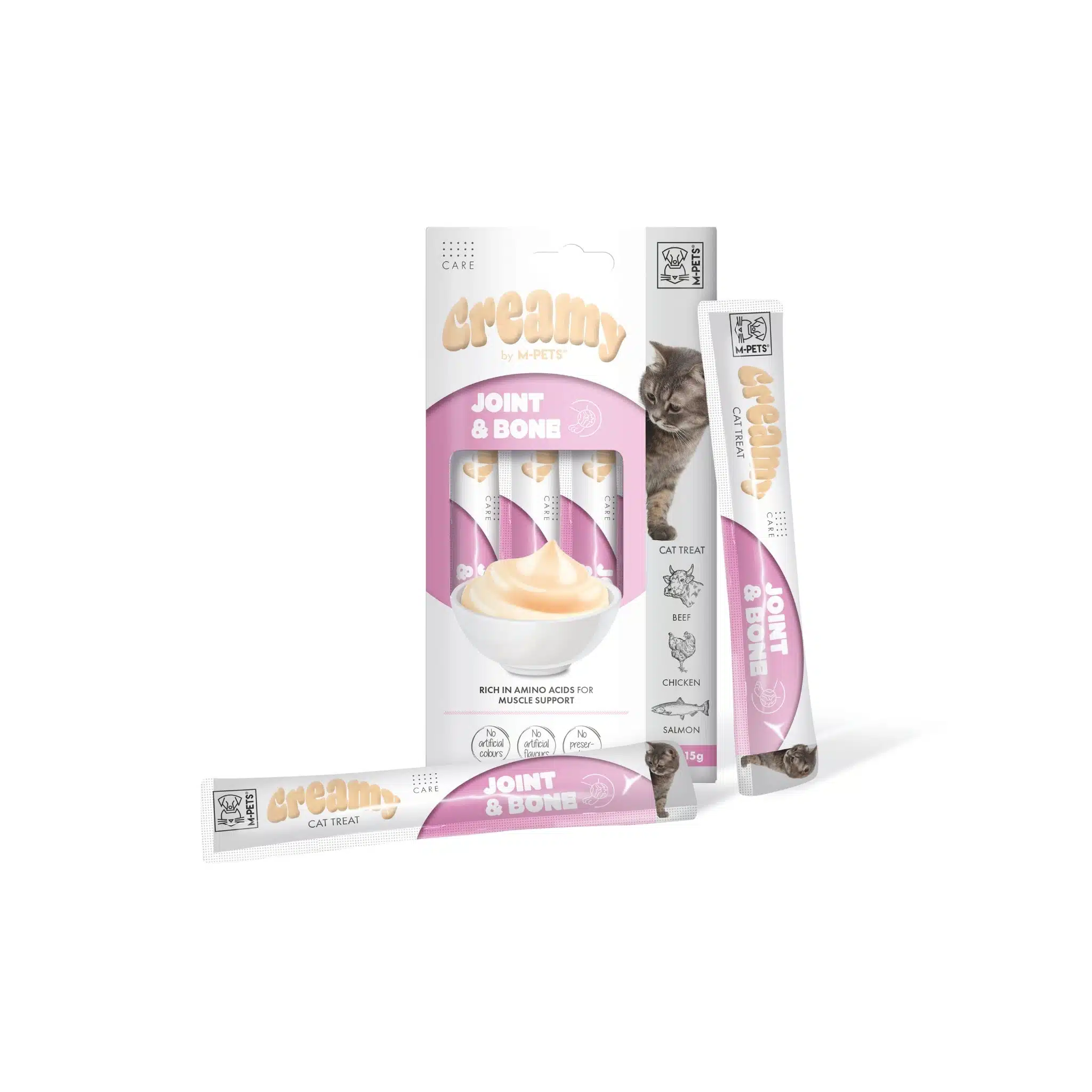 שלוק קרמי לחתול מפרקים M-PETS בטעם בקר עוף וסלמון 60 גרם