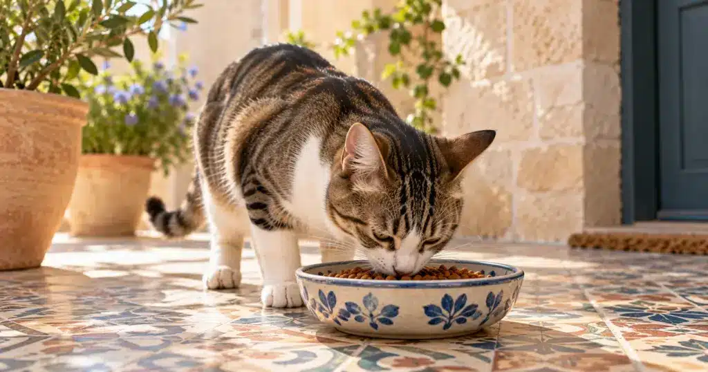 חתול אוכל בשקט מקערה רחבה במהלך מעבר מזון