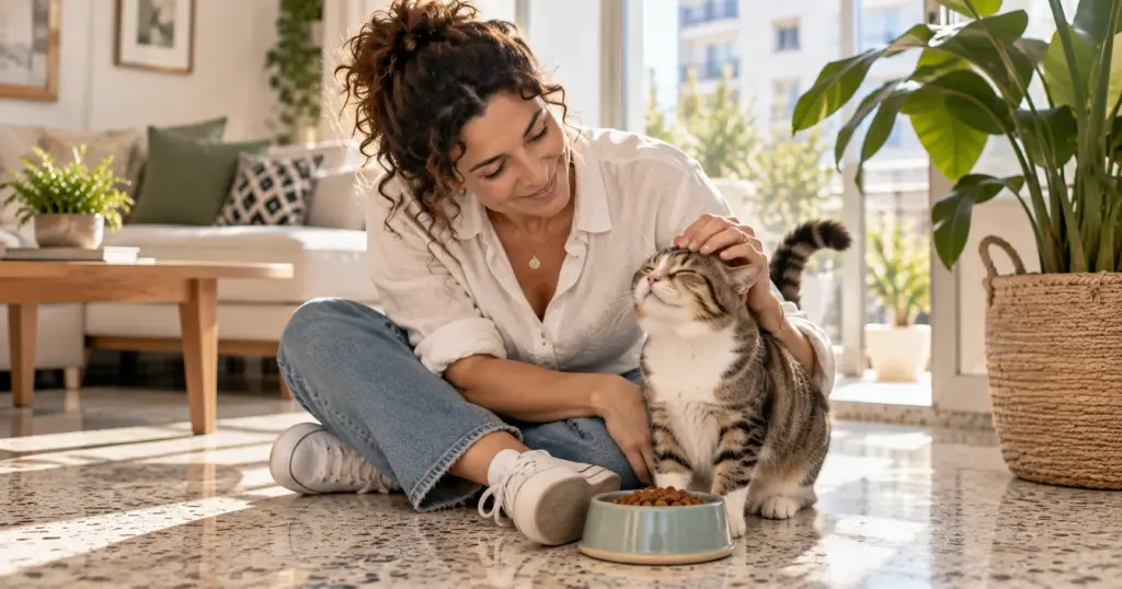 בעלים מרגיע חתול ליד קערת האוכל בזמן החלפת מזון