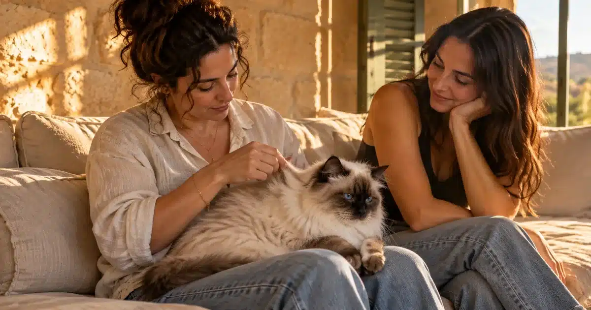 שתי נשים בודקות התייבשות אצל חתול רגדול בעזרת בדיקת קפל העור בכתפיים