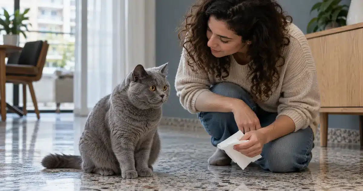 חתול בריטי קצר שיער אפור יושב על רצפת טרצו ובעליו בודקת בעדינות מה הוא הקיא